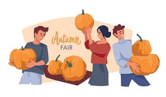 Autumn fair. Man and woman with pumpkins. Vector image.