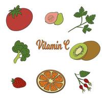 Collection of vitamin C sources. Fruits and vegetables enriched with ascorbic acid. Dietetic food, organic nutrition composition. Flat vector cartoon illustration isolated on white background