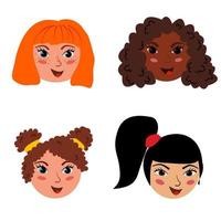 Cute cartoon children avatars set. Diverse kids faces in simple hand drawn style, vector clipart illustration. Happy faces of girls of different nationalities