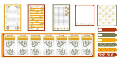 colección de plantillas de programación semanal o diaria, papel de notas, lista de tareas pendientes, pegatinas y marcadores. vector. motivos de otoño. vector