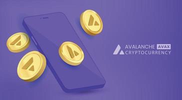 Avalanche AVAX crypto currency  3D gold coins with smartphone free vector illustration