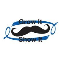 Blue Ribbon and Mustache Cancer Awareness Vector Template Design. Grow It Up Text Card Vector.