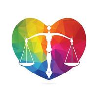 Love Law logo vector with judicial balance symbolic of justice scale in a pen nib. Heart Balance with Pen Nib vector template design.