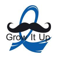 Blue Ribbon and Mustache Cancer Awareness Vector Template Design. Grow It Up Text Card Vector.