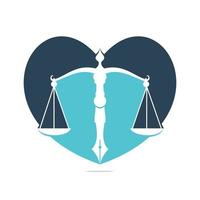 Love Law logo vector with judicial balance symbolic of justice scale in a pen nib. Heart Balance with Pen Nib vector template design.