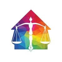 vector del logotipo de la casa de la ley con equilibrio judicial simbólico de la escala de justicia en un plumín. equilibrio doméstico con diseño de plantilla de vector de punta de pluma.