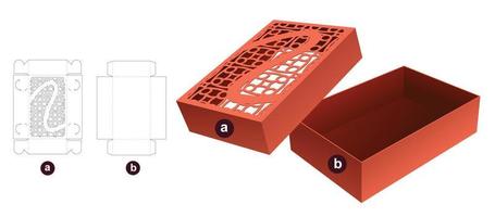 box and stenciled pattern lid die cut template and 3D mockup vector