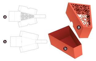 caja triangular y plantilla troquelada de tapa con patrón estampado y maqueta 3d vector