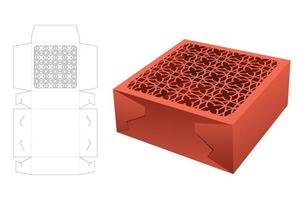 folding cake box with stenciled pattern on top die cut template and 3D mockup vector