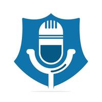 Podcast logo design. Studio table microphone with broadcast icon design. vector