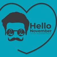 hombre con gafas azules y signo de cinta de conciencia. hola diseño de plantilla vectorial de concienciación sobre el cáncer de noviembre. diseño vectorial de bigote. vector