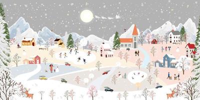 Winter wonderland landscape background at night with people having fun in the city on new year,Christmas day in village with people celebration, kids playing ice skate, teenager skiing on mountain vector