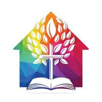 Church In Home, Bible Cross Tree Logo Design. Christian Church Tree Cross Vector Template Design.