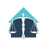 vector del logotipo de la casa de la ley con equilibrio judicial simbólico de la escala de justicia en un plumín. equilibrio doméstico con diseño de plantilla de vector de punta de pluma.