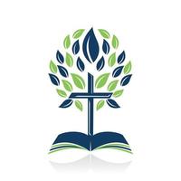Bible Cross Tree Logo Design. Christian Church Tree Cross Vector Template Design.