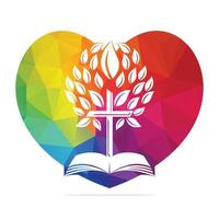 Love Bible Cross Tree Logo Design. Christian Heart Church Tree Cross Vector Template Design.