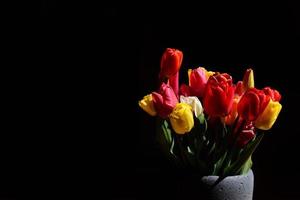 In front of a black background in landscape format, with space for text, stands a flower vase with brightly colored tulips on the side photo