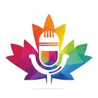 Podcast and Maple leaf logo design. Studio table microphone with broadcast icon design. vector