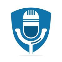 Podcast logo design. Studio table microphone with broadcast icon design. vector