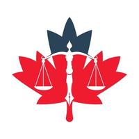 vector del logotipo de la ley de la hoja de arce con equilibrio judicial simbólico de la escala de justicia en un plumín. Equilibrio de hoja canadiense con diseño de plantilla de vector de punta de pluma.
