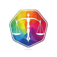 Law logo vector with judicial balance symbolic of justice scale in a pen nib. Logo vector for law, court, justice services and firms.