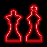 un par de piezas de ajedrez rey y reina. contorno rojo neón sobre un fondo negro vector