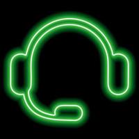 Green headphones with a microphone. Neon outline on a black background. One object. Listen to music, play and chat vector