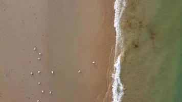 Vista de alto ângulo para o mar em frente à praia com pessoas na cidade de bournemouth, na inglaterra, reino unido, imagens aéreas do oceano britânico video