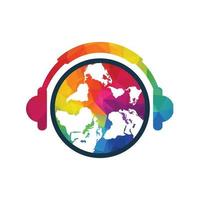 Global World Music Logo Design. Earth with headphones vector design.