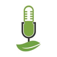 Podcast leaf nature ecology vector logo design. Podcast talk show logo with mic and leaves.