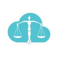 vector de logotipo de nube de ley con equilibrio judicial simbólico de escala de justicia en una pluma. equilibrio de nube con diseño de plantilla de vector de punta de pluma.