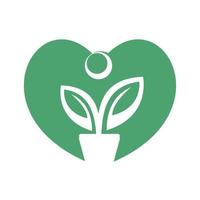 logotipo de amor de maceta y planta. logotipo de vector de corazón de crecimiento humano.