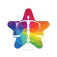 vector del logotipo de la ley estelar con equilibrio judicial simbólico de la escala de justicia en una pluma. equilibrio de estrella con diseño de plantilla de vector de punta de pluma.