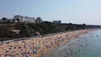 High Angle Sea View Beach Front with People at Bournemouth City of England UK, Aerial Footage of British Ocean