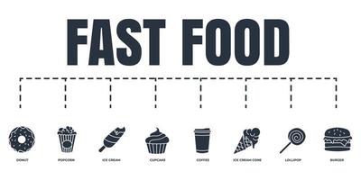 fast food banner web icon set. burger, ice cream, popcorn, donut, cupcake, ice cream cone, coffee, lollipop vector illustration concept.