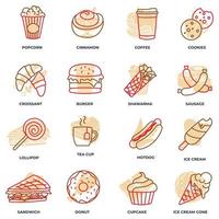 Set of fast food icon logo vector illustration. ice cream, popcorn, donut, cookies, cinnamon, hotdog, tea cup and more pack symbol template for graphic and web design collection
