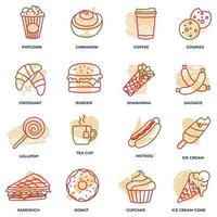 Set of fast food icon logo vector illustration. ice cream, popcorn, donut, cookies, cinnamon, hotdog, tea cup and more pack symbol template for graphic and web design collection