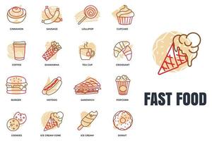 Set of fast food icon logo vector illustration. ice cream, popcorn, donut, cookies, cinnamon, hotdog, tea cup and more pack symbol template for graphic and web design collection