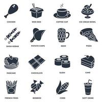 Set of fast food icon logo vector illustration. chocolate bar, soft drink, coffee cup, wok box, sushi, pancake, bonbon and more pack symbol template for graphic and web design collection