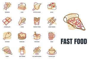 Set of fast food icon logo vector illustration. chocolate bar, soft drink, coffee cup, wok box, sushi, pancake, bonbon and more pack symbol template for graphic and web design collection