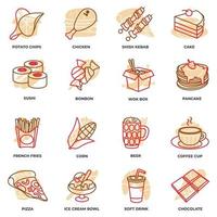 conjunto de ilustración de vector de logotipo de icono de comida rápida. barra de chocolate, refresco, taza de café, caja de wok, sushi, panqueque, bonbon y más plantilla de símbolo de paquete para la colección de diseño gráfico y web