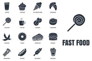 conjunto de ilustración de vector de logotipo de icono de comida rápida. helado, palomitas de maíz, donas, galletas, canela, perrito caliente, taza de té y más plantilla de símbolo de paquete para la colección de diseño gráfico y web