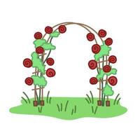 enrejado de arco con arbustos de rosas rojas. decoración del jardín ilustración dibujada a mano en estilo de dibujos animados. vector aislado sobre fondo blanco.