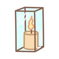 Burning candle in a glass box. Decorative element for interior design. Hand drawn illustration in cartoon style. Vector isolated on white background.