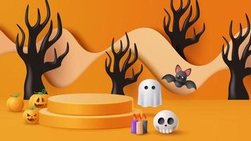 Halloween display podium decoration background with scary ornament. Vector 3D Illustration