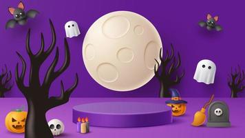 Halloween display podium decoration background with scary ornament. Vector 3D Illustration