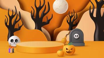 Halloween display podium decoration background with scary ornament. Vector 3D Illustration