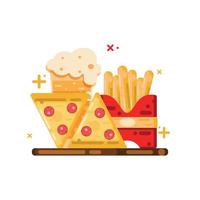 pizza, papas fritas y refrescos ilustración de comida rápida e icono icono de alimentos y bebidas aislado vector