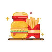 hamburguesa de pollo, papas fritas y bebida ilustración de comida rápida e icono icono de comida y bebida aislado vector