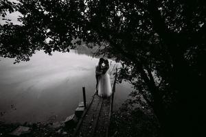 Wedding couple on the old wooden pier photo